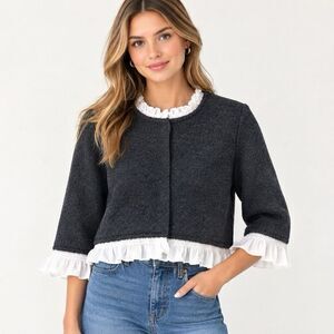 NWT Caroline Constas Wool Blend Cardigan with White Ruffle Trim